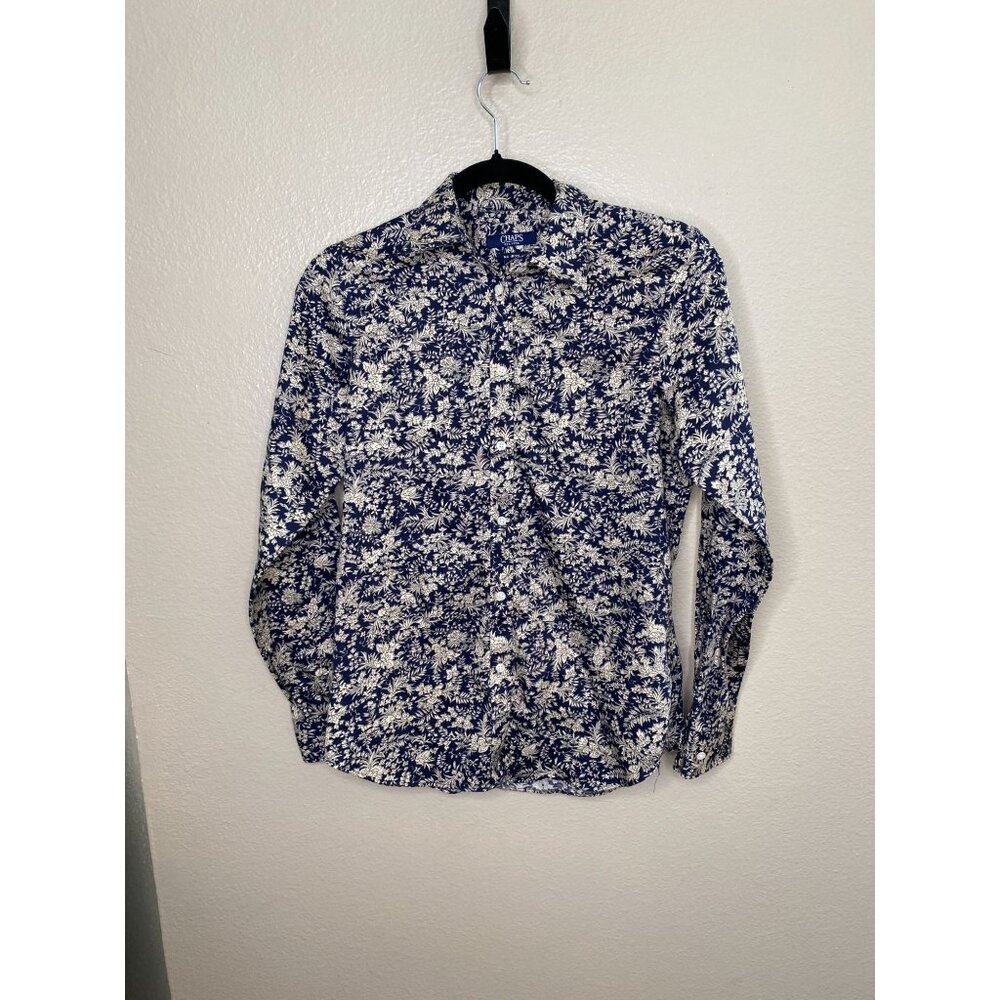 Chaps Blue Womans Blouse Small Cotton Floral‎ Long Sleeve